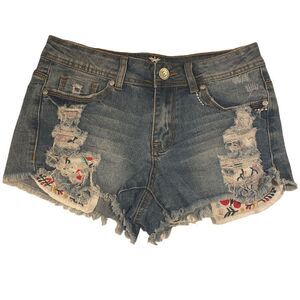 Almost Famous Size 5 Embroidered Pocket Cut Off Jean Shorts EUC